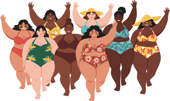 Diverse Women Walking Together in Swimwear Enjoying Body Positivity and Summer png