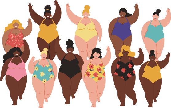 Group of Diverse Plus Size Women Walking in Swimsuits Illustration png