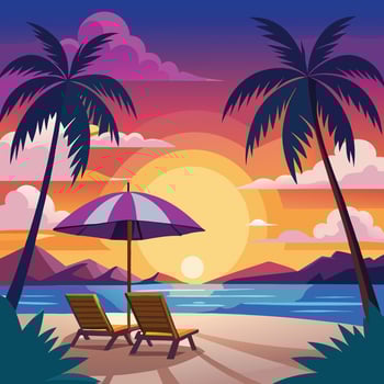 Idyllic beach sunset scene with two lounge chairs under a purple beach umbrella. vector