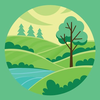 Idyllic landscape illustration with rolling green hills, a tree, and a river. vector