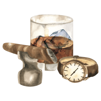 Whiskey glass with ice, cigar and male brown leather watch watercolor illustration.Hand drawn isolated gentlemen clipart,drink,smoke and accessories painting for festive card,poster design png