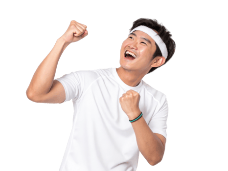 young man celebrating with joyful expression, wearing headband and sports attire png