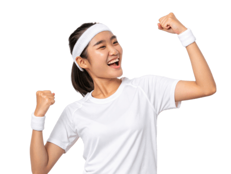 Cheerful young woman celebrating victory in sports attire, showing excitement and energy png