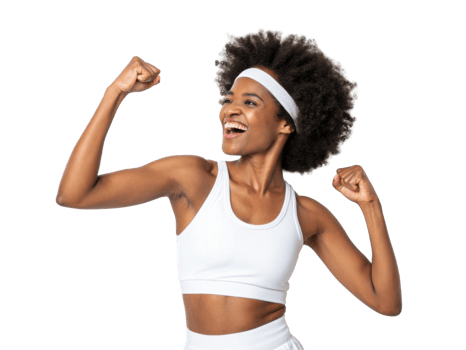 joyful woman celebrating fitness success with raised arms and smile png