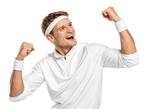 joyful man celebrating sports victory, wearing white athletic outfit and headband png
