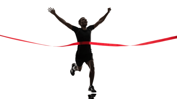 The Runner crossing finish line with arms raised in victory, celebrating success png