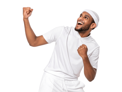 Excited man celebrating success with joyful expression and raised fists png