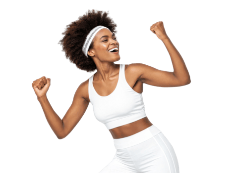 Joyful woman celebrating fitness success in activewear png
