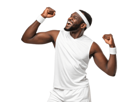 Excited man celebrating victory in sportswear, showing joy and energy png