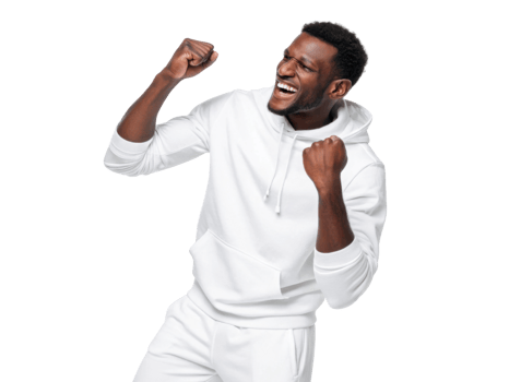Excited man celebrating in white hoodie, expressing joy and triumph png