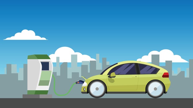 or Illustrator of Yellow electric vehicle with an electric charging cabinet. With shadow of town under blue sky and white clouds. vector