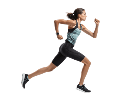 woman running in athletic wear, showcasing determination and speed png