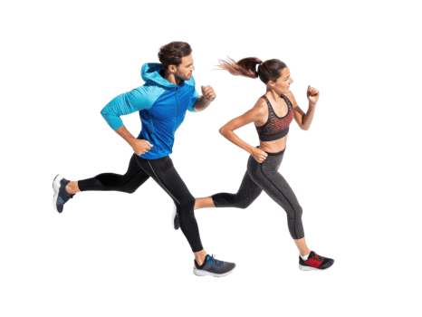 Active couple running together in athletic wear, showcasing fitness and teamwork png
