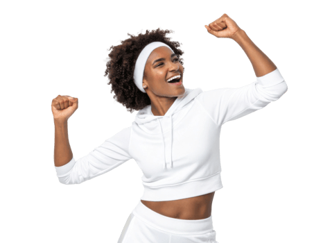 Joyful woman celebrating in athletic wear, showing enthusiasm and energy png