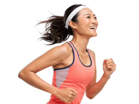 woman running joyfully in pink athletic top and headband, showcasing fitness and energy png