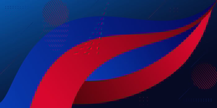 Red background with colorful blue liquid shapes in the background. Abstract composition in liquid style. Eps10 vector
