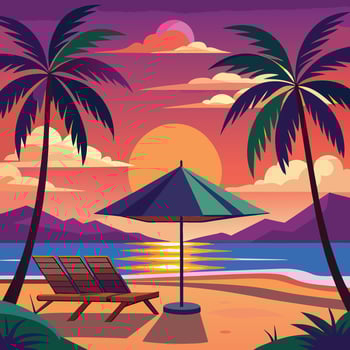 Sunset beach scene with lounge chairs and umbrella. vector