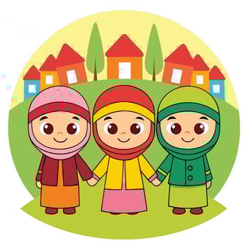 Three cute girls in hijab holding hands, standing in front of colorful houses. vector