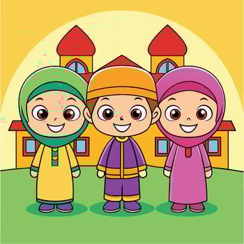 Three happy children in Islamic clothing stand in front of a mosque. vector