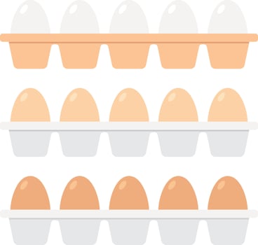 Set of chicken eggs in white, brown and light brown colors in egg trays. vector