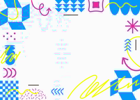 Memphis-era 80s and 90s style background with a white background and blue, yellow, and pink elements. vector