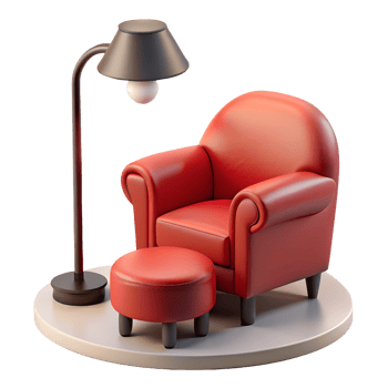 3D Rendered Cozy Living Area with Red Leather Armchair and Floor Lamp On Transparent Background png