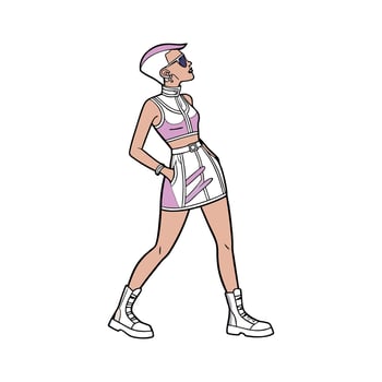 Trendy Futuristic Metallic Street Fashion Model. vector