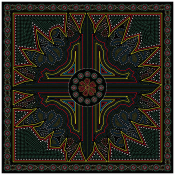 Intricate, hand drawn colorful geometric design with floral motifs and vibrant patterns on a black background, frame with decorative borders. vector