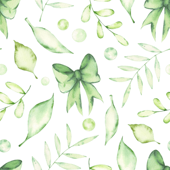 Watercolor seamless pattern with green bows and branches with leaves. Hand-drawn print with fresh greenery, spring leaves and ribbon bow. Design and decoration of wrapping paper, background. png