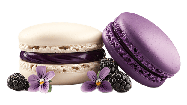 Delicious macarons with creamy fillings and fresh berries adorned with violet flowers png