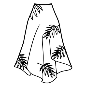 elegant asymmetrical skirt design with tropical leaf pattern, fashion garment outline illustration vector