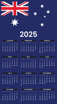 Australia calendar of 2025 with flag. vector