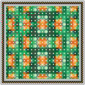 Colorful geometric pattern featuring green, orange, and cream shapes, framed by a decorative black and white border, it could be used as a wallpaper, fabric design, scarf, pillow cover vector