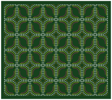 A symmetrical pattern with vibrant pink, white, and yellow dots arranged in intricate curves on a dark green background. vector
