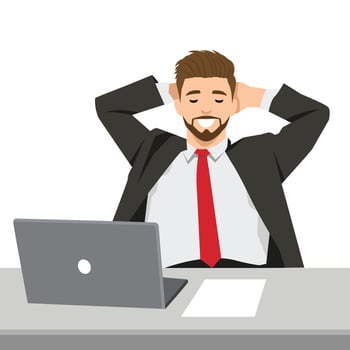 Confident businessman leans back, Relaxation at his desk with a laptop in front of him. vector