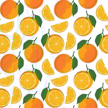 Seamless pattern with oranges on isolated background. illustration of sliced slices and whole orange. Tropical fruit template for packaging design, banner, postcards, textiles. vector