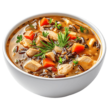 Bowl of Hearty Chicken and Wild Rice Soup isolated on transparent background png