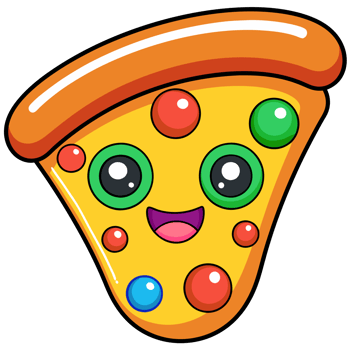 A slice of cartoon-style pizza features a cheerful face with large, expressive eyes and a wide smile cutouts png