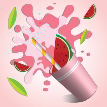 Illustration of a watermelon juice splash with vibrant red and green colors. The design showcases a watermelon slice, a juice cup with a straw, and splash effects, giving a summery and fresh vibe. vector