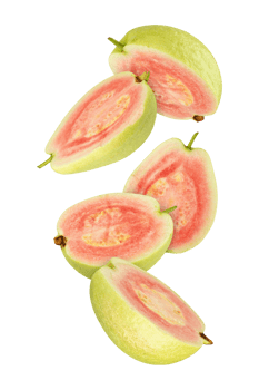 Fresh guava slices arranged artistically, showcasing vibrant pink flesh png