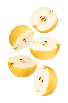 Fresh yellow apples sliced in various angles, showcasing their juicy interior and seeds png