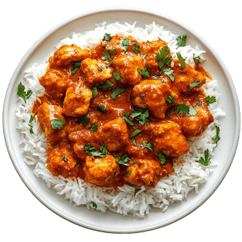 Chicken tikka masala with rice on a plate isolated on transparent background png