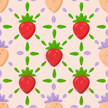 Seamless strawberry pattern with red and golden berries, green leaves, and lilac accents on a pastel background. Perfect for textile, packaging, wallpaper, and branding vector