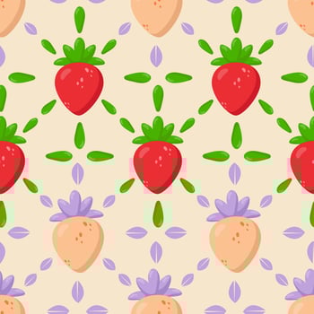 Elegant seamless strawberry pattern featuring vibrant red and golden berries, fresh green leaves, and delicate lilac accents. Perfect for textiles, packaging, wallpapers, and branding vector