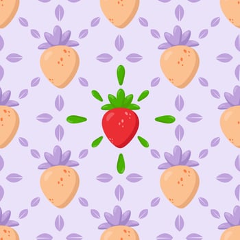 Seamless strawberry pattern with red and golden berries on a soft lavender background. Ideal for textiles, wallpapers, packaging, wrapping paper, and branding projects vector