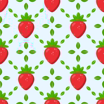 Seamless strawberry pattern with fresh red berries and green leaves on a light blue background. Perfect for textiles, wallpapers, packaging, wrapping paper, stationery, kitchen decor vector