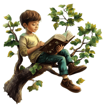 Boy Sitting on a Tree Branch Reading a Book png
