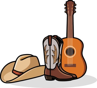 a cowboy hat, guitar and boots vector