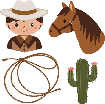 cowboy boy with lasso, cactus and horse vector