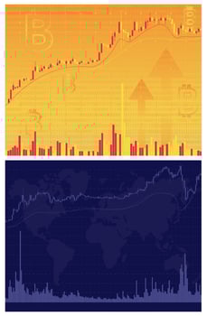 stock charts with a growing trend, candlestick indicators and trading volumes vector